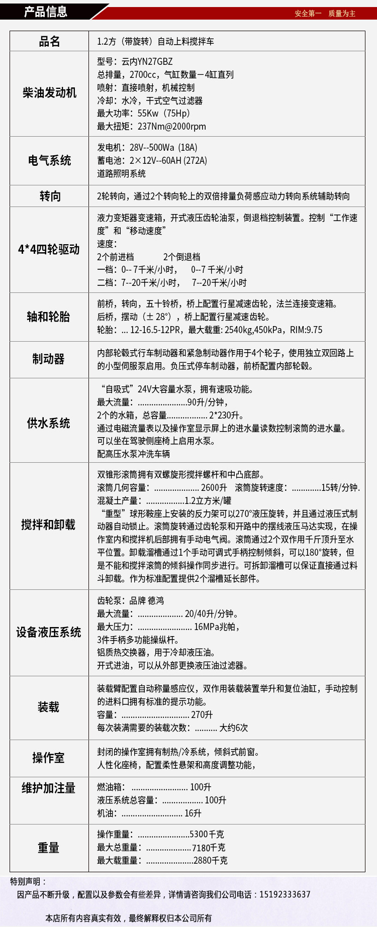 魯尊 自上料攪拌車 產品參數